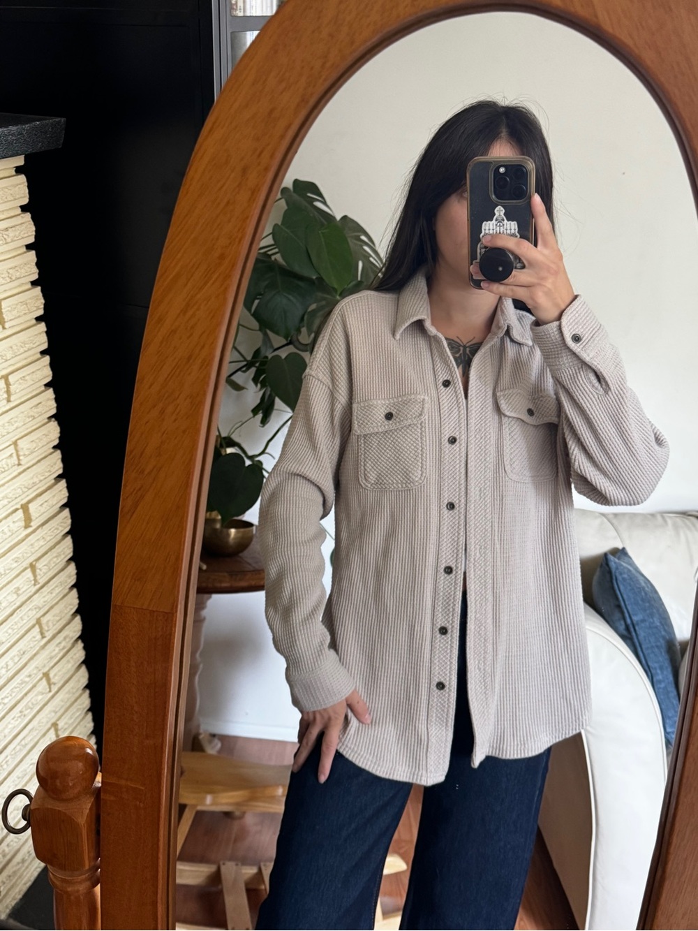 Waffle-Knit Button-Up Shirt in Light Taupe - Picture 2 of 3